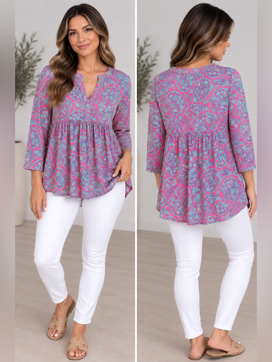 Dear Scarlett Tops - Dear Scarlett- Baby Doll 3/4 Sleeve Top- Emerald Pink